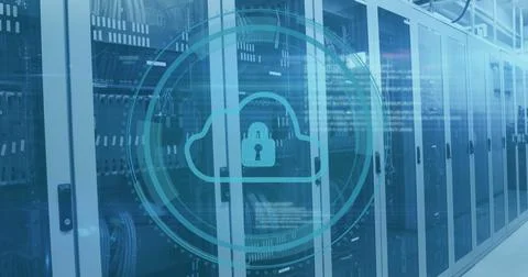 Image of padlock and cloud icon scanning in loading circles over server room Stock Illustration