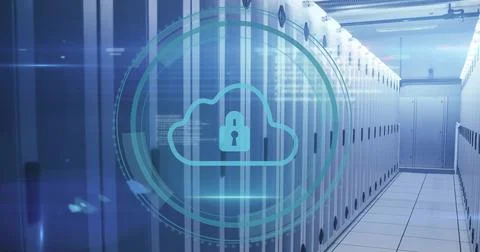 Image of padlock and cloud icon and digital data processing over computer Stock Photos