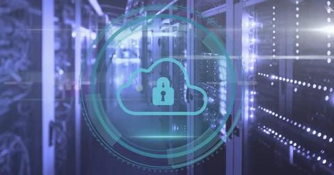 Image of padlock and cloud icon and digital data processing over computer Stock Photos