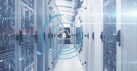 Image of padlock and cloud icon with digital data processing over computer 库存照片