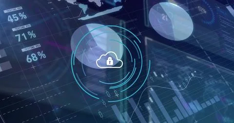 Image of padlock and cloud icon and computer data processing over dark Foto stock