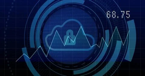 Image of padlock and cloud icon with data processing over scope Foto stock