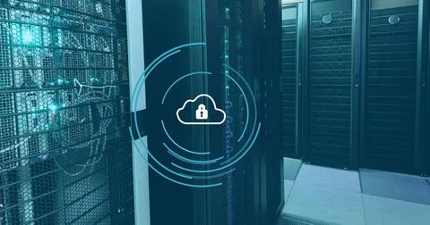 Image of padlock and cloud in loading circles over data server room Stock Illustration