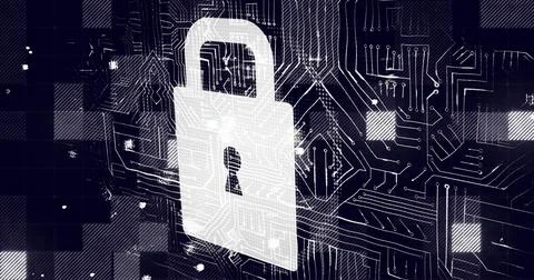 Image of padlock and computer circuit board over black background Foto stock
