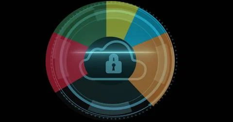Image of padlock and cyber security text over circle diagrams Stock Illustration