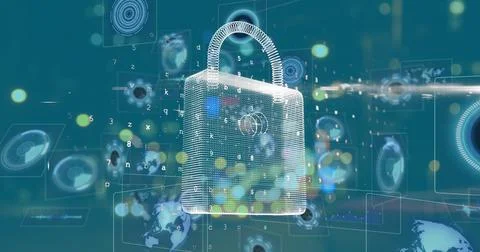 Image of padlock and data processing over road Stock Illustration