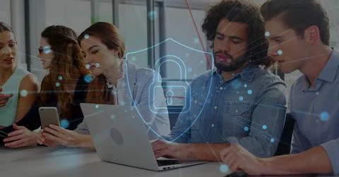 Image of padlock and data processing over diverse business people in office Illustrazione stock