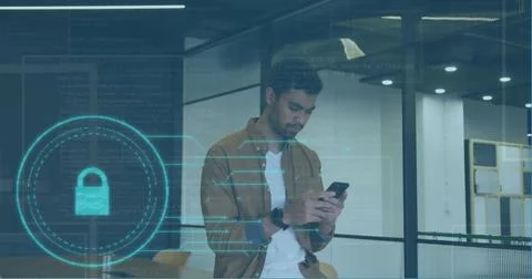 Image of padlock and data processing over biracial businessman using smartphone 스톡 사진