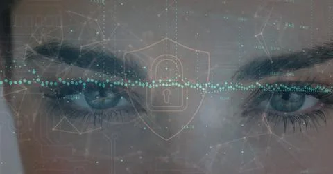Image of padlock and data processing over blue eye Stockfoto's