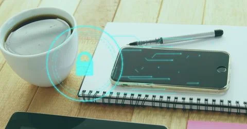 Image of padlock and data processing over smartphone and coffee cup 스톡 사진
