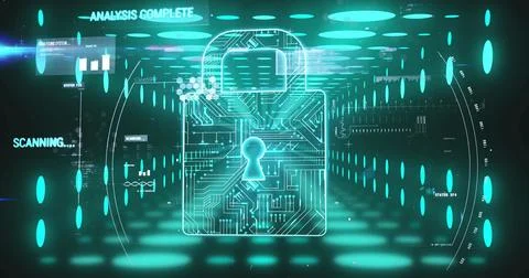 Image of padlock and data processing over neon tunnel 写真素材