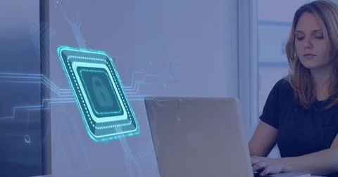 Image of padlock and data processing over caucasian businesswoman in office Stock Photos