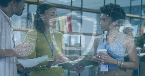 Image of padlock and data processing over diverse business people in office 写真素材