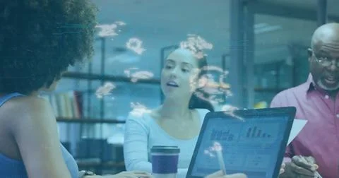 Image of padlock and data processing over diverse business people in office Stock Photos