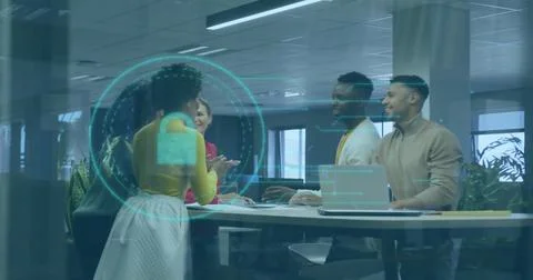 Image of padlock and data processing over diverse business people in office Foto stock