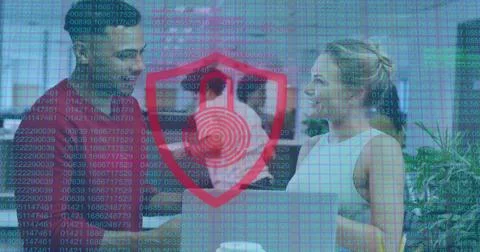 Image of padlock and data processing over diverse business people in office 写真素材