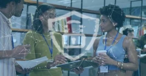 Image of padlock and data processing over diverse business people in office Stock Photos