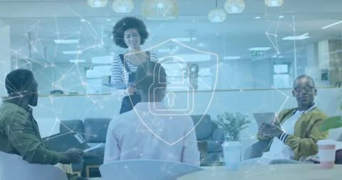 Image of padlock and data processing over diverse business people in office 스톡 사진