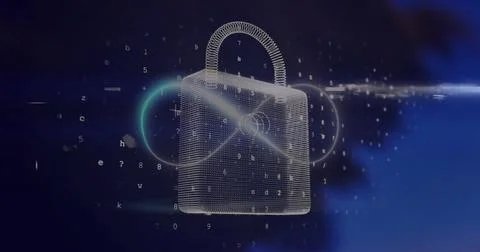 Image of padlock and data processing over infinity sign Stockfoto's
