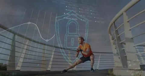 Image of padlock and data processing over caucasian man stretching in city 写真素材