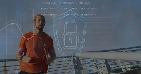 Image of padlock and data processing over caucasian man running in city 库存照片