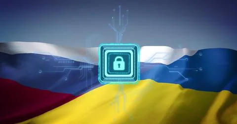 Image of padlock and data processing over flag of russia and ukraine 스톡 사진