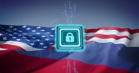 Image of padlock and data processing over flag of russia and united states of 写真素材