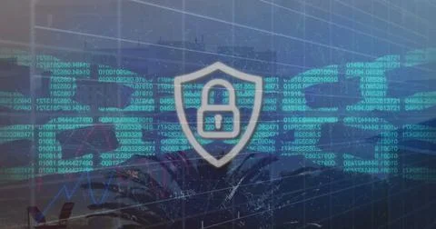 Image of padlock and data processing over cityscape Stock Photos