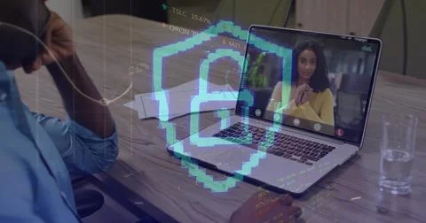 Image of padlock and data processing over african american businessman using Foto stock