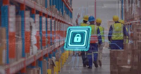 Image of padlock and data processing over diverse workers walking in warehouse Stock Photos