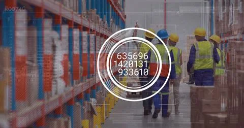 Image of padlock and data processing over diverse workers walking in warehouse 스톡 사진