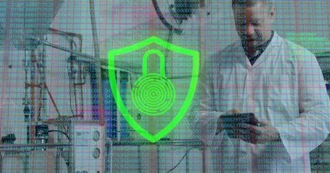 Image of padlock and data processing over caucasian male scientist using tabl Stock Photos