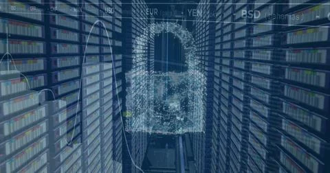 Image of padlock and data processing over computer servers Stockfoto's