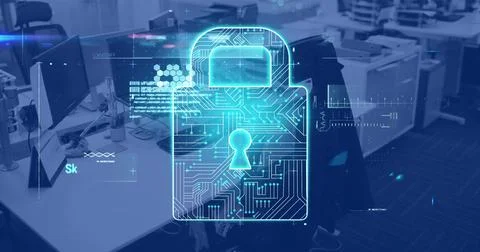 Image of padlock and data processing over modern office 写真素材