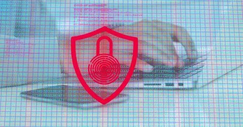 Image of padlock and data processing over hands using laptop Stockfoto's