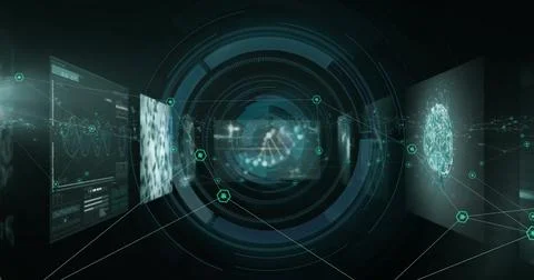 Image of padlock and data processing over screens 写真素材