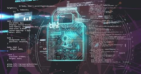 Image of padlock and data processing over circuit board Foto stock