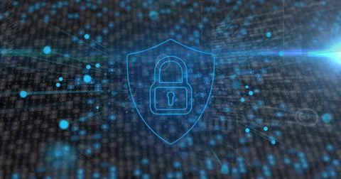 Image of padlock and data processing over dark background Stockfoto's