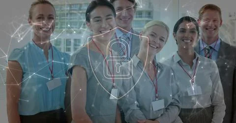 Image of padlock and data processing over diverse business people in office 스톡 사진