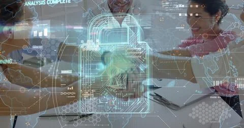 Image of padlock and data processing over diverse business people in office Foto stock