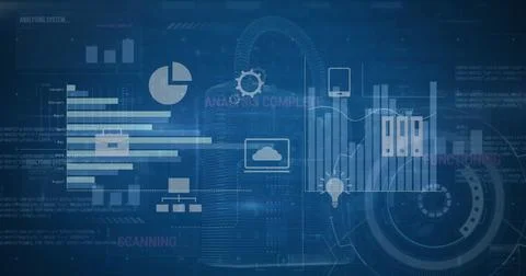 Image of padlock and data processing over blue background Stock Photos