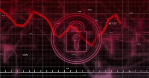 Image of padlock and data processing over grid on dark background Stock Photos