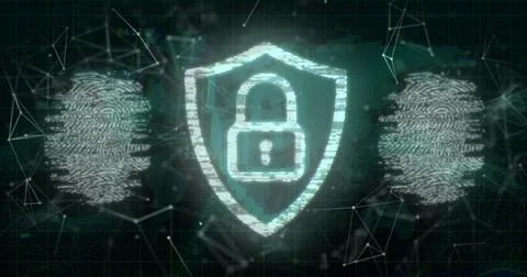 Image of padlock and data processing over biometric fingerprints 스톡 사진
