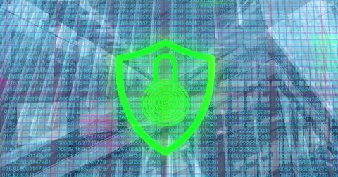 Image of padlock and data processing over cityscape and computer servers 写真素材
