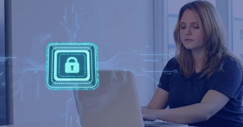 Image of padlock and data processing over caucasian businesswoman in office Stock Photos
