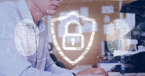 Image of padlock and data processing over caucasian businessman in office Stock Photos