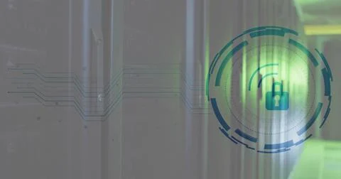 Image of padlock and digital data processing over computer servers 写真素材