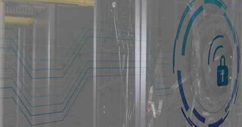 Image of padlock and digital data processing over computer servers Stock Photos