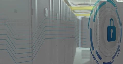 Image of padlock and digital data processing over computer servers 스톡 사진