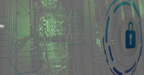 Image of padlock and digital data processing over computer servers Stock Photos